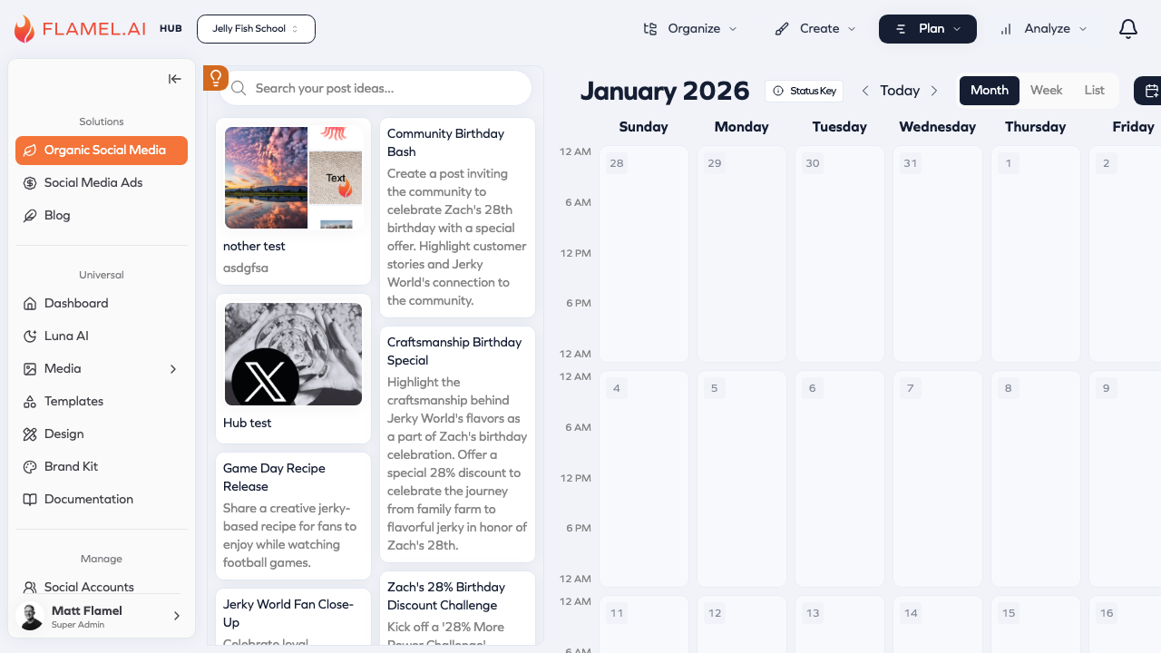 Flamel organic content calendar with scheduled posts across the month