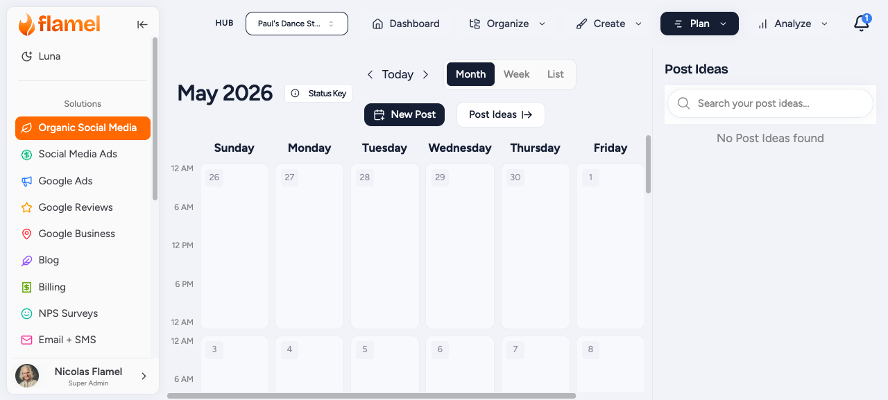 Organic calendar as first content creation step for workspace owners