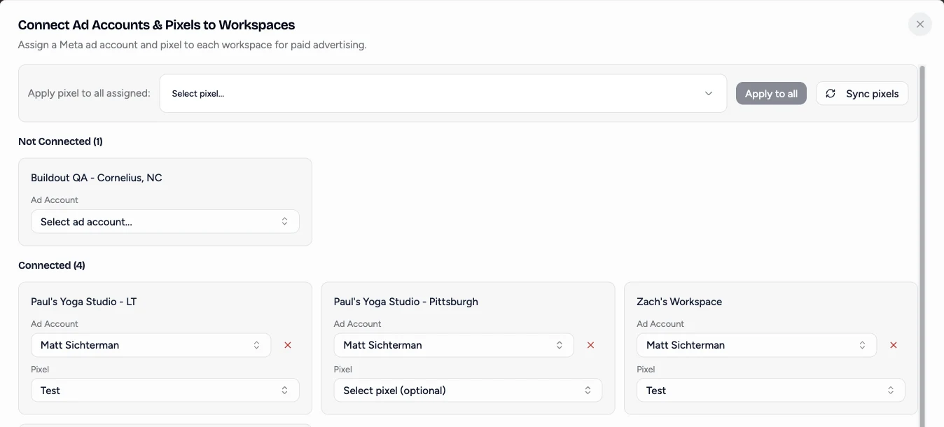 Connect Ad Accounts and Pixels to Workspaces, where a hub admin assigns a Meta ad account to each workspace