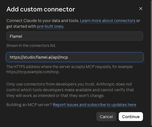 Claude's Add custom connector dialog with the name Flamel and the MCP server URL https://studio.flamel.ai/api/mcp filled in