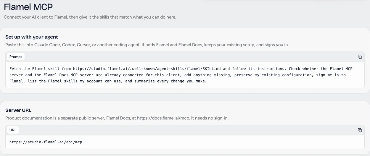 The Flamel MCP page with a setup prompt for coding agents and the Server URL https://studio.flamel.ai/api/mcp