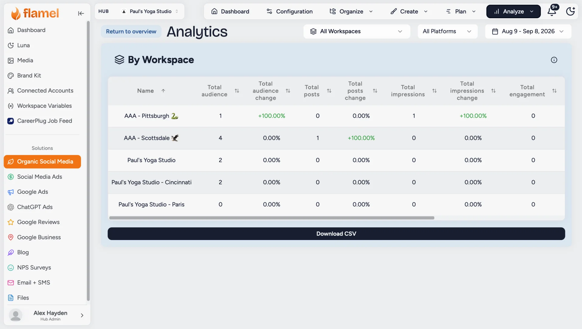 Organic Social Analytics By Workspace table comparing audience, posts and impressions per location
