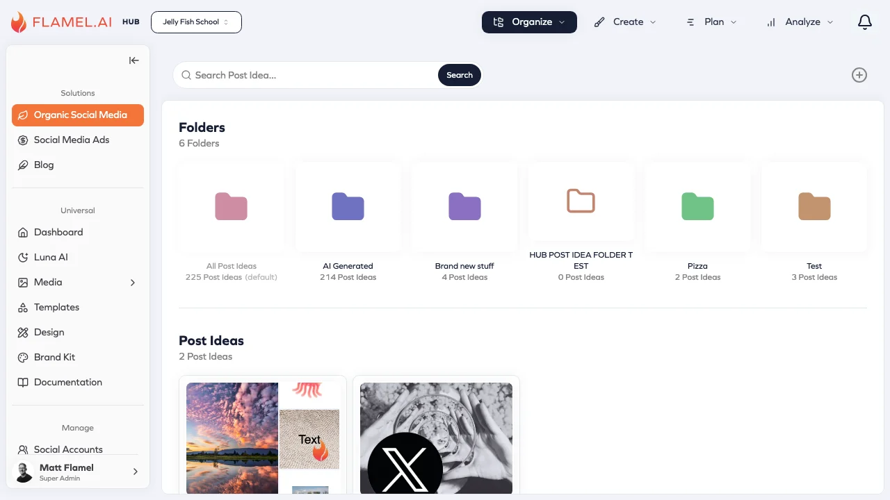 Hub Post Ideas page in Organic Social with idea folders and post idea cards