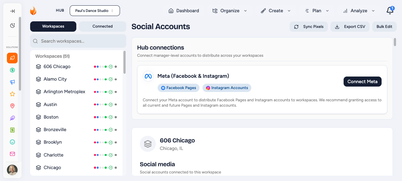 Connected accounts for workspace social linking