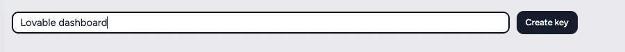 The key name field filled in with Lovable dashboard, next to the Create key button