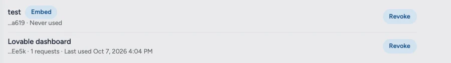 The key list showing Lovable dashboard with 1 request and its last used time, next to a Revoke button