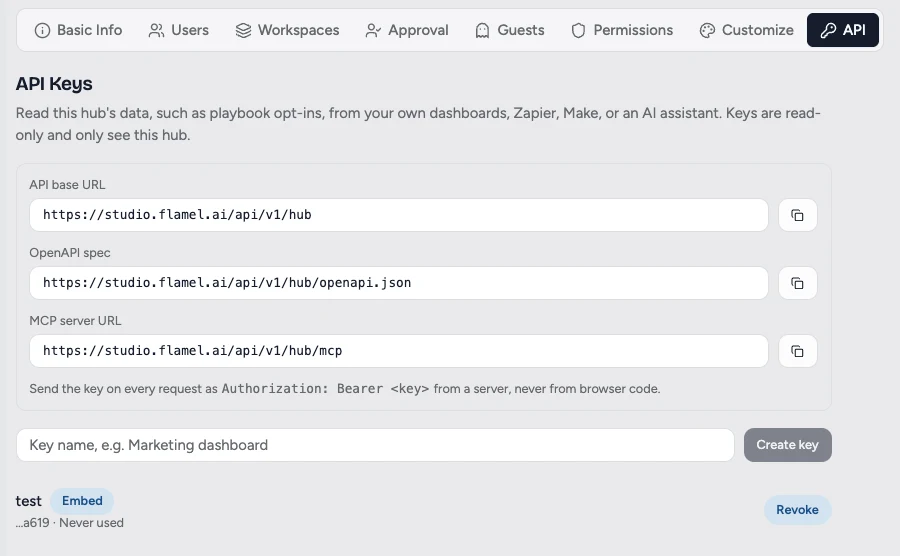 The API tab in Manage Hub, showing the API Keys card with the API base URL, OpenAPI spec, and MCP server URL