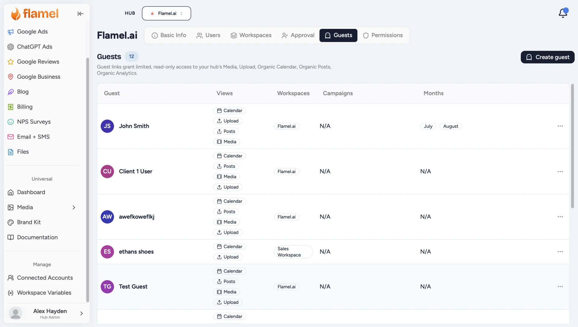 Hub Guests tab listing guest links with their views, workspaces, campaigns and months, plus Create guest