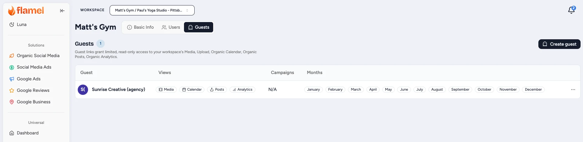 The Guests tab from a workspace, listing one guest link with its views and months and no Workspaces column