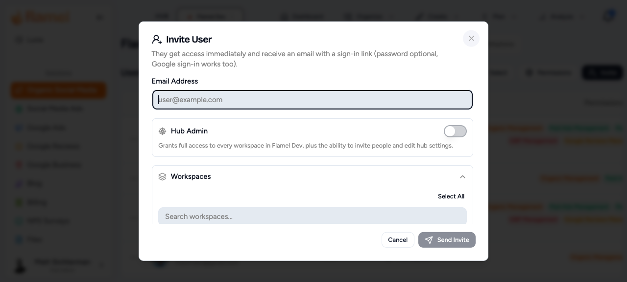 Invite User dialog on the Hub Users tab