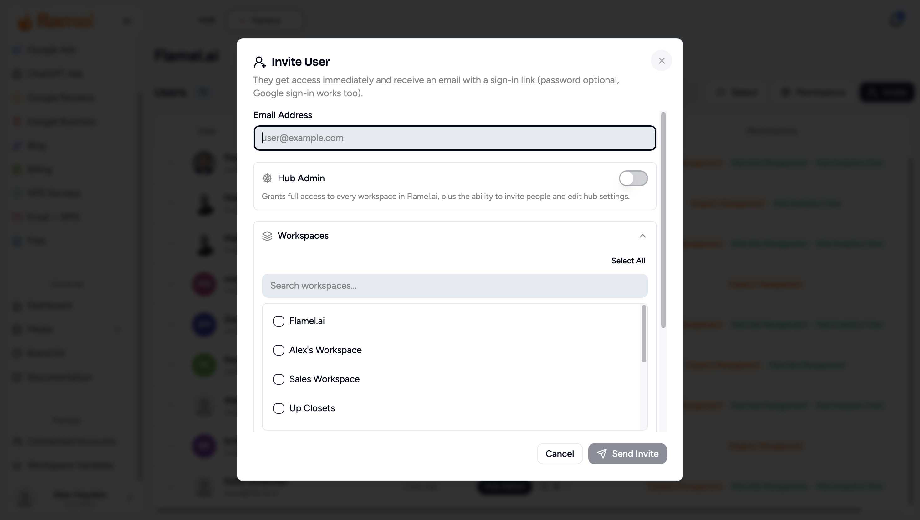 Invite a user from the hub