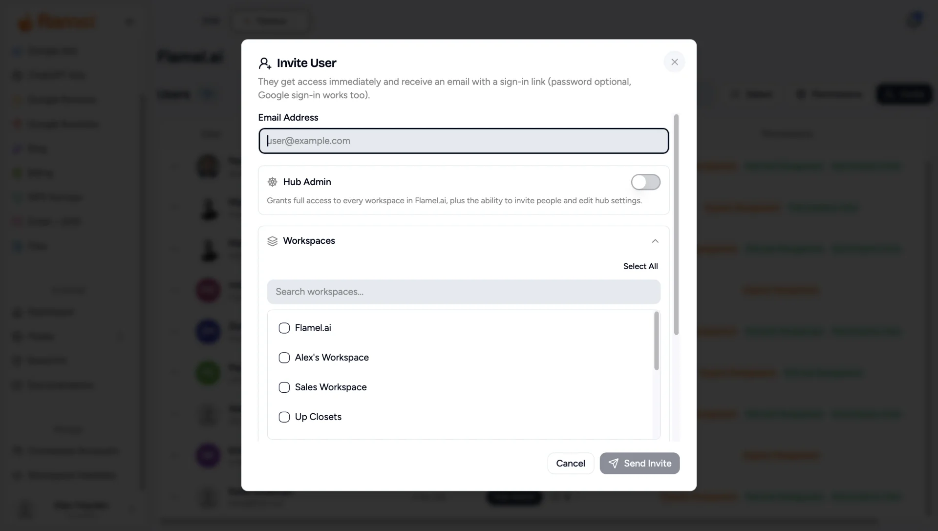 Invite a user from the hub