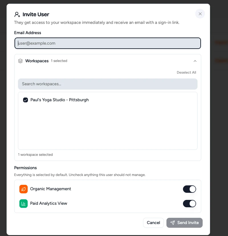 The invite dialog from a workspace: no Hub Admin toggle, one locked workspace, and only the permissions the inviter holds