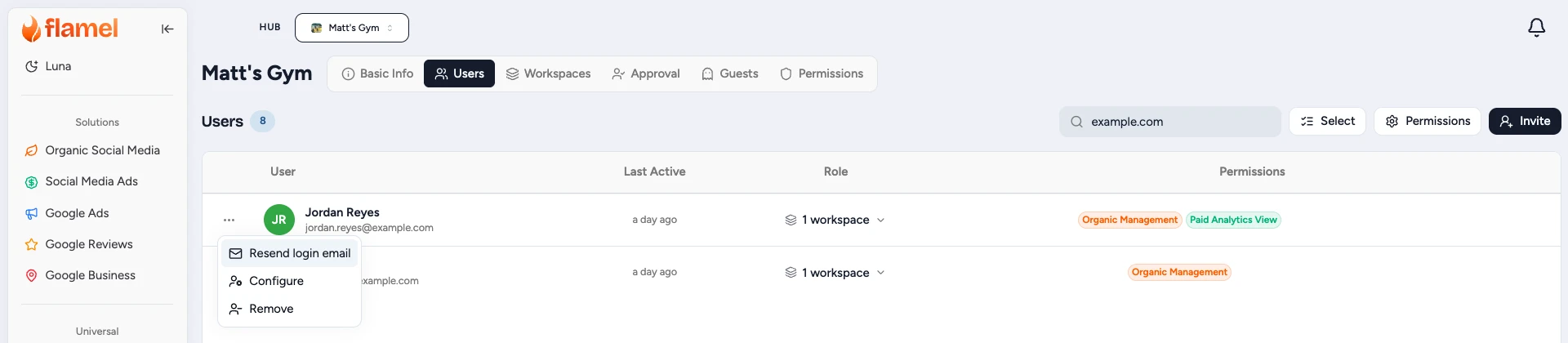 The row menu open on the Users tab, showing Resend login email above Configure and Remove