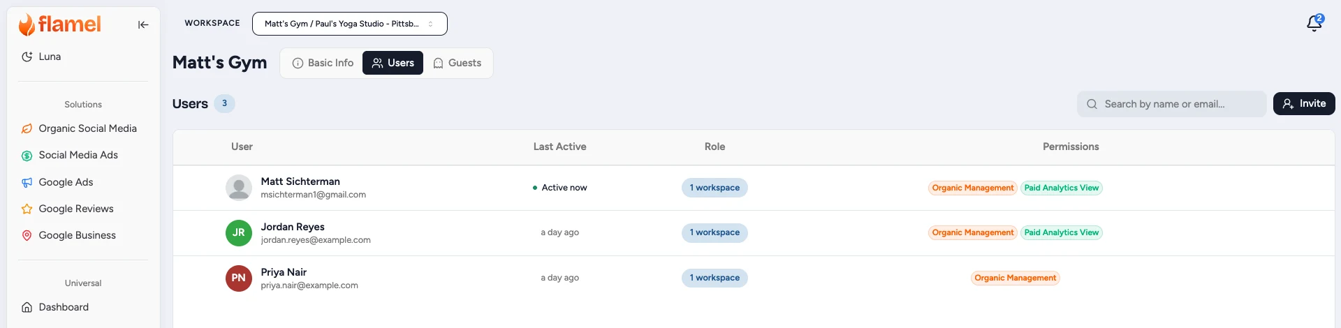 The Users tab from a workspace: three tabs, an Invite button, and read-only member rows