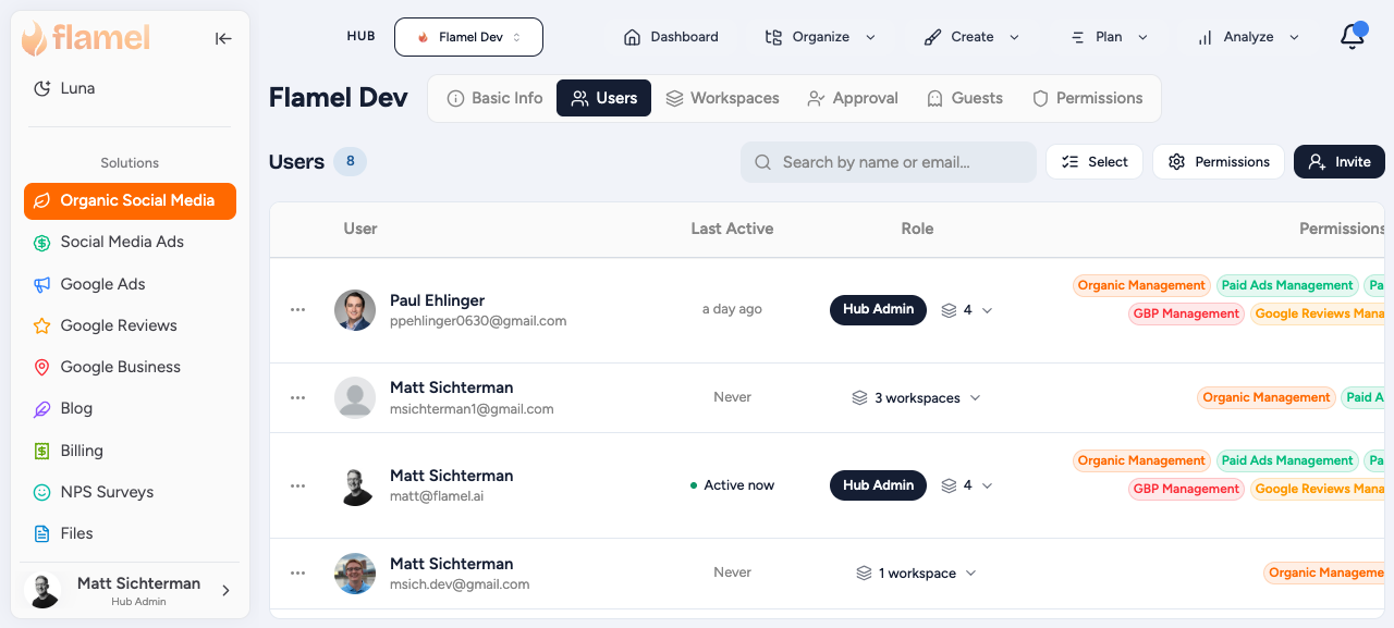 Hub Users tab for seat management
