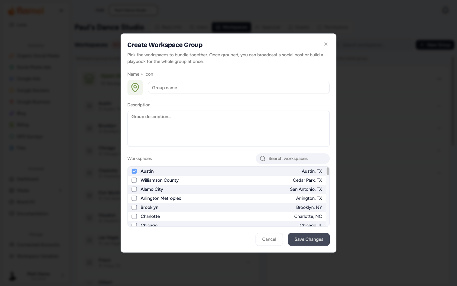 Create Workspace Group dialog with fields for name, icon, description, and a checkbox list of workspaces
