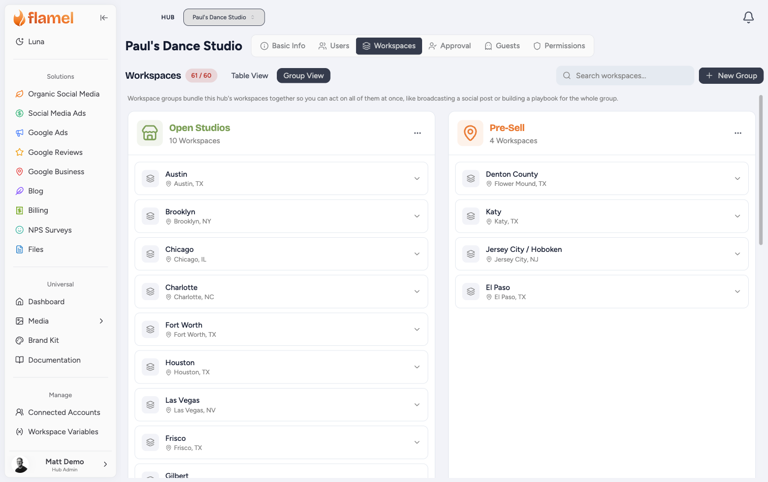 Group View on the Workspaces tab showing an Open Studios group with 10 workspaces and a Pre-Sell group with 4