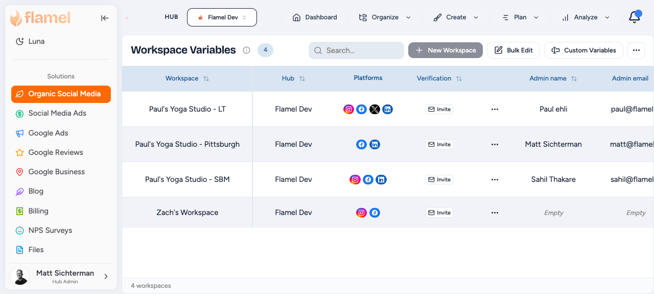Workspace Variables page with the Custom Variables button