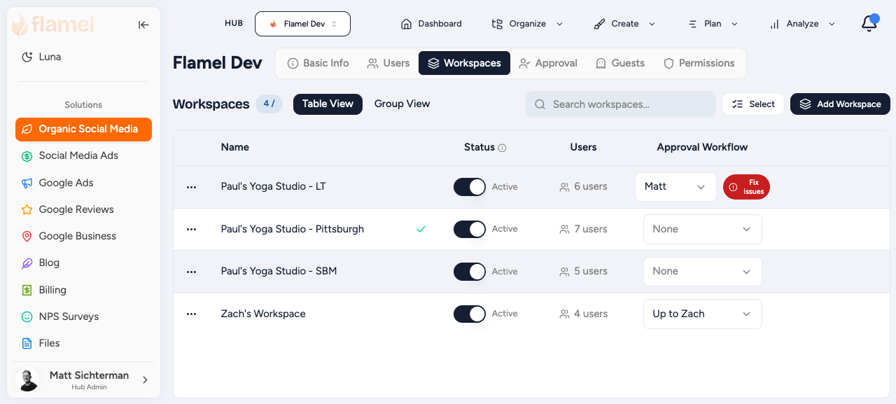 Hub Workspaces view for adding and managing workspaces
