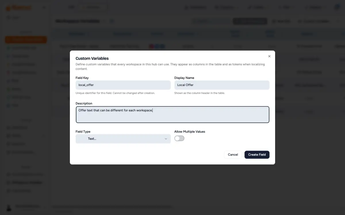 Add custom variable form with field key, display name, description, field type, and multiple values toggle