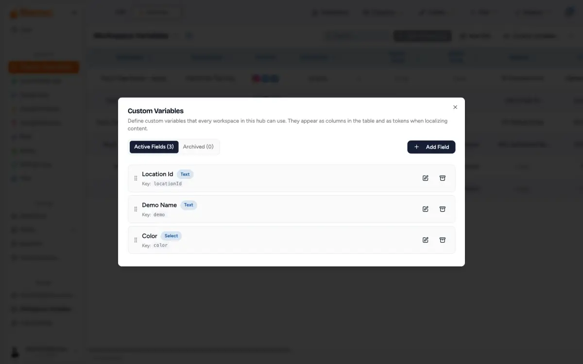 Custom Variables manager with existing fields and Add Field button