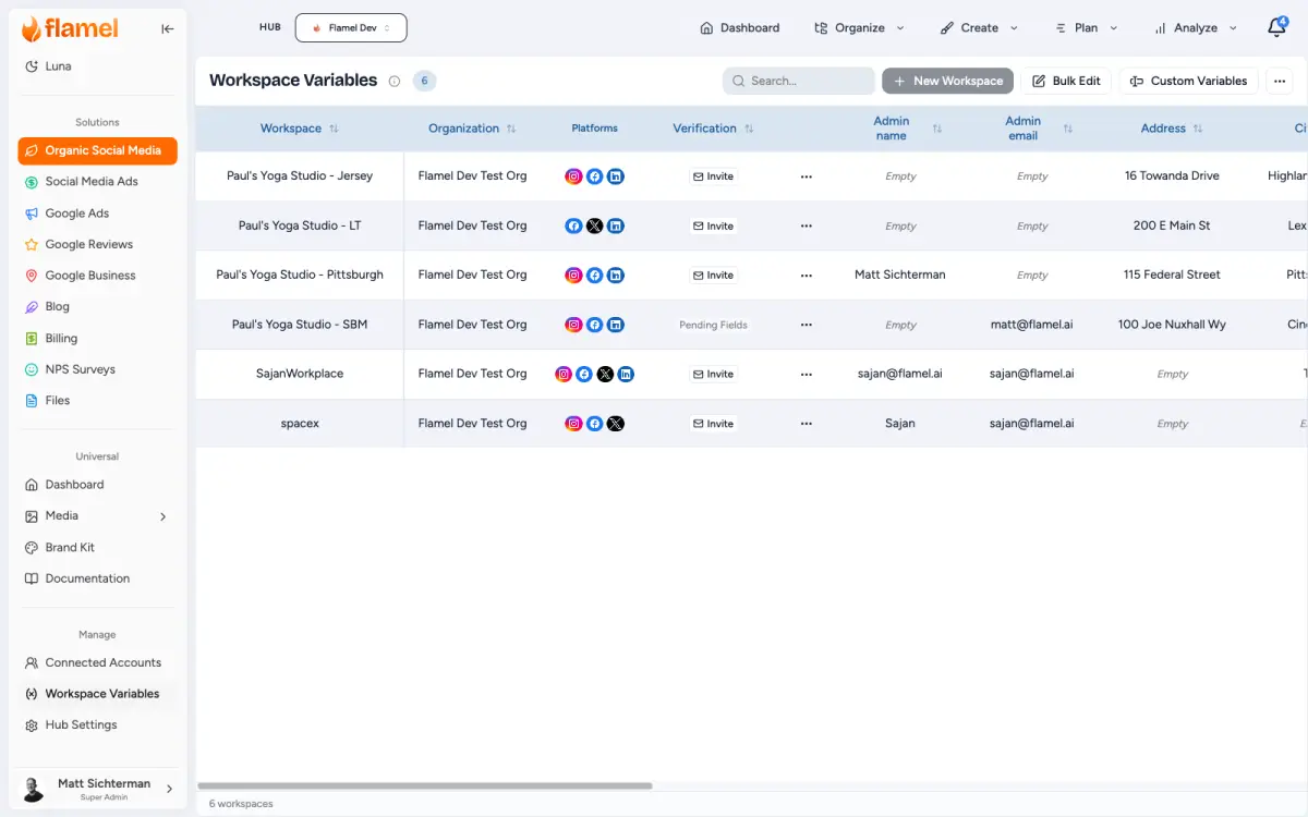 Workspace Variables table with the Custom Variables button