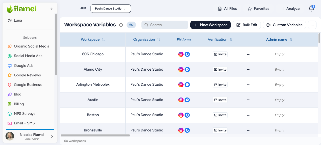 Workspace Variables table with workspace rows and inline edit fields