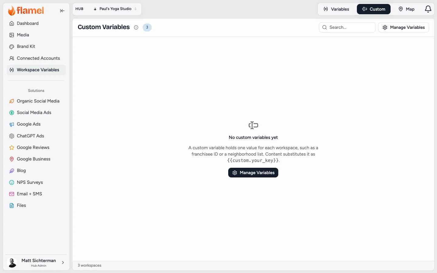 The Custom view of Workspace Variables with Manage Variables to create custom variable columns