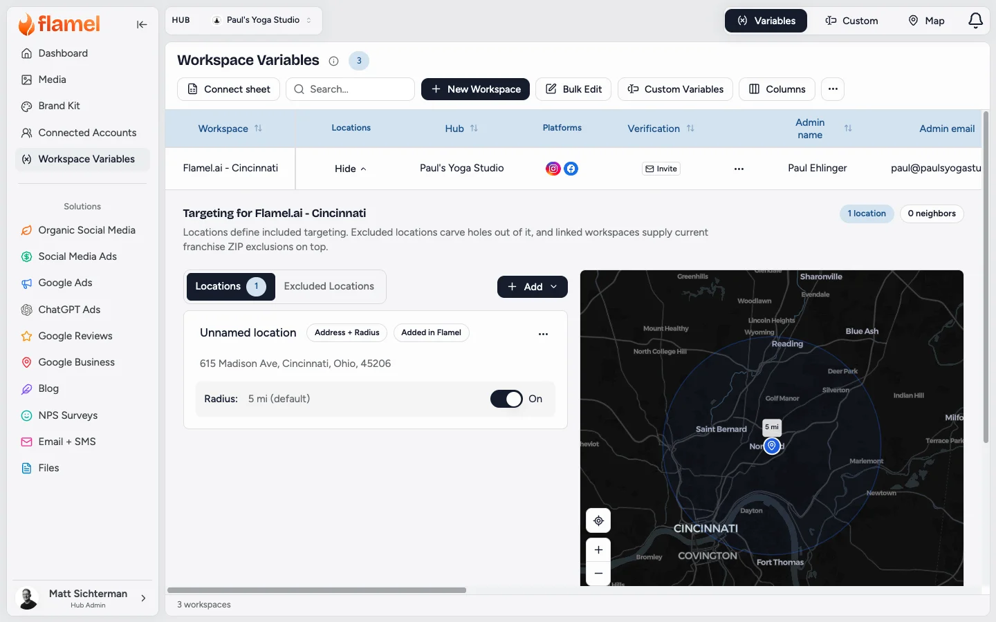 A workspace's Locations opened from Workspace Variables, showing a studio card with its radius, an On switch, and a map of the targeted area