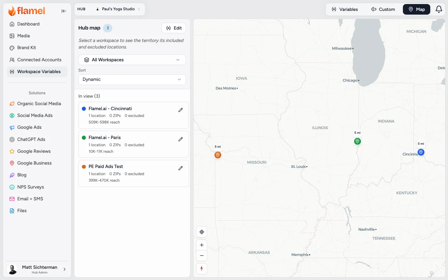 The Map view listing each workspace with its locations, ZIP codes, excluded areas, and reach beside a map of radius pins