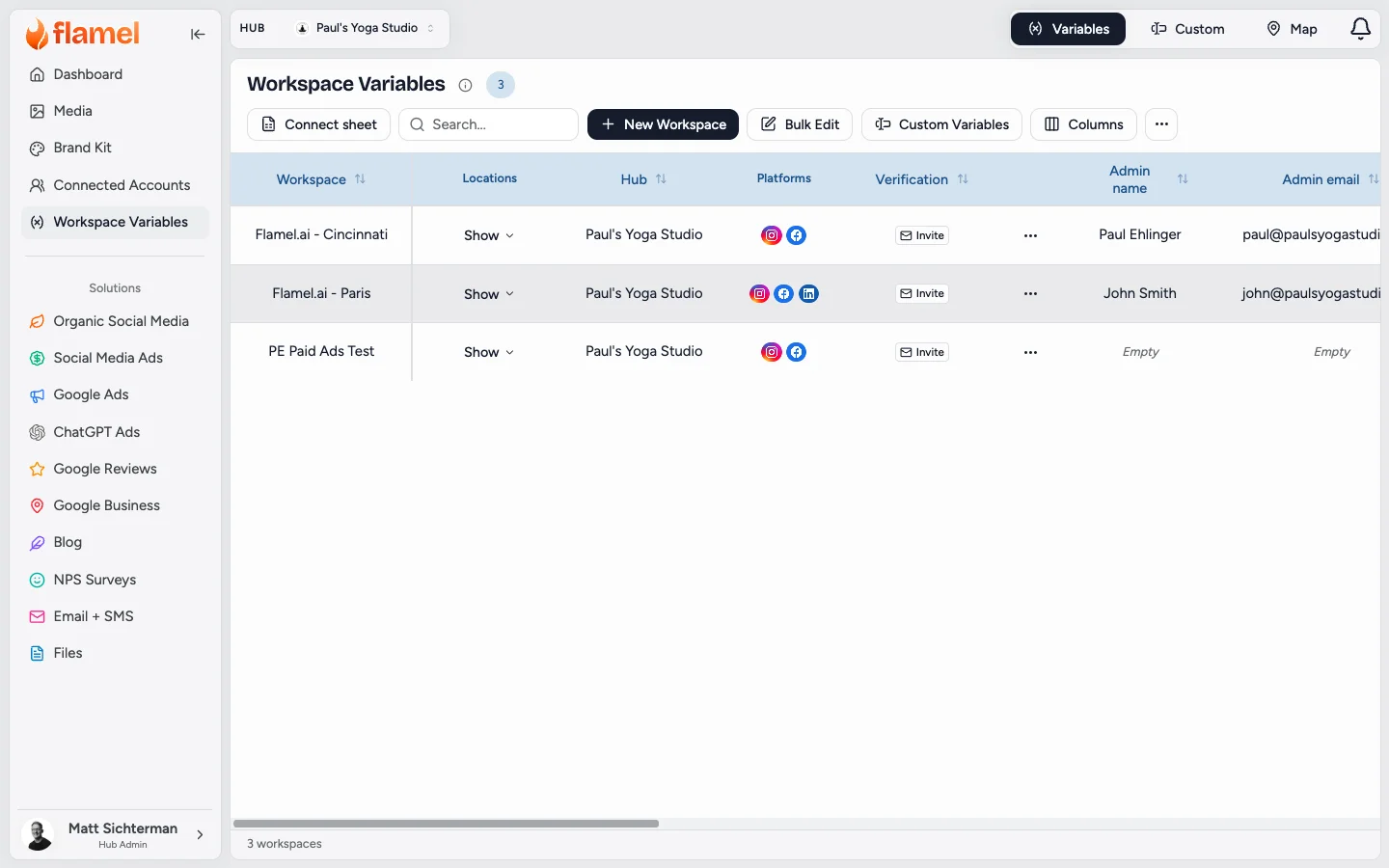 Workspace Variables table with the Variables, Custom, and Map views at the top and a Locations column for each workspace