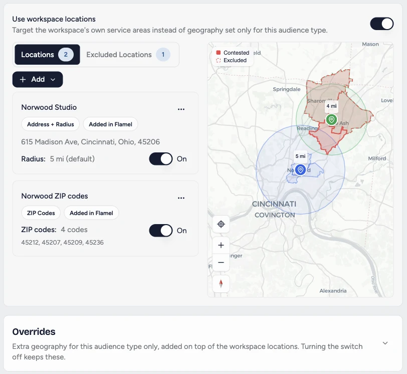 Ad Configuration with Use workspace locations switched on, showing the workspace's studio card and map, and the Overrides section below