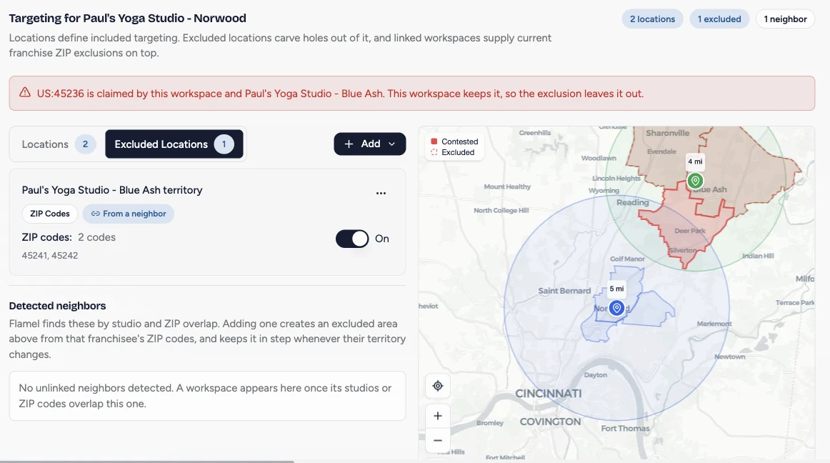 The Excluded Locations tab with a neighbor's ZIP codes marked From a neighbor and a warning that one shared ZIP code stays with this workspace