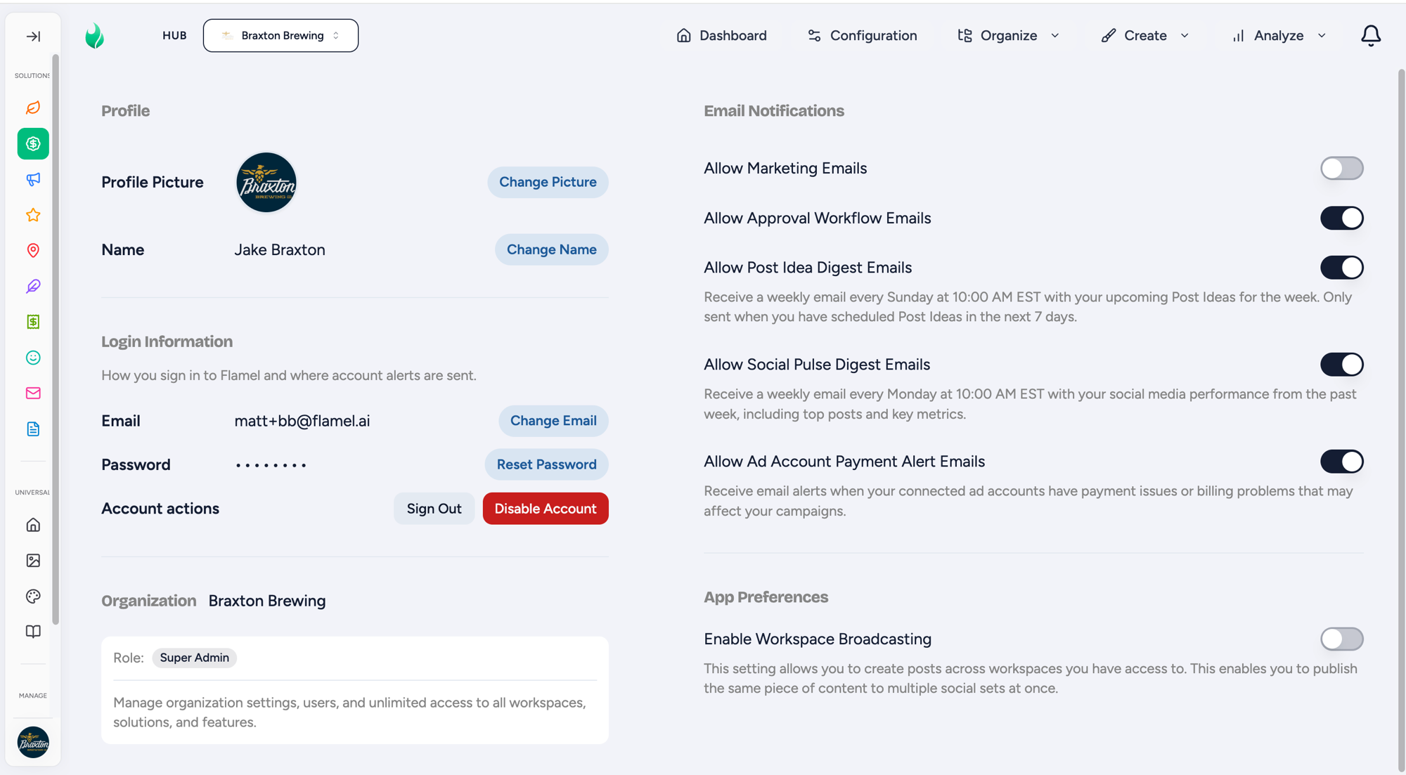 The Profile Settings page showing Profile, Login Information, and Hub on the left, with Email Notifications and App Preferences on the right