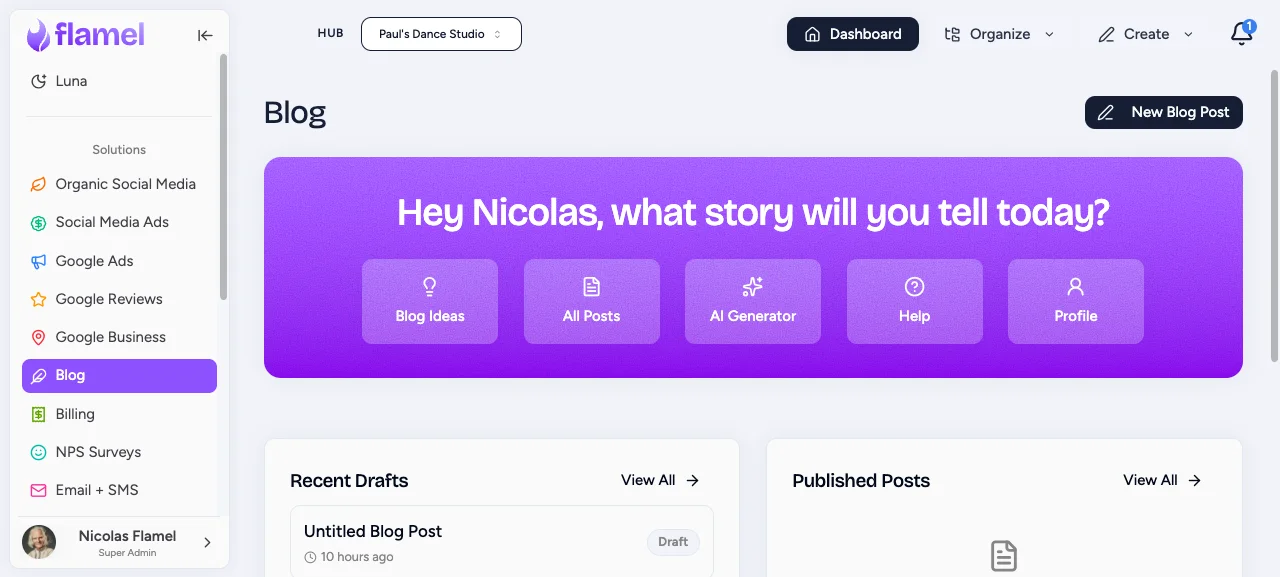 Blog dashboard with published posts and AI assistant