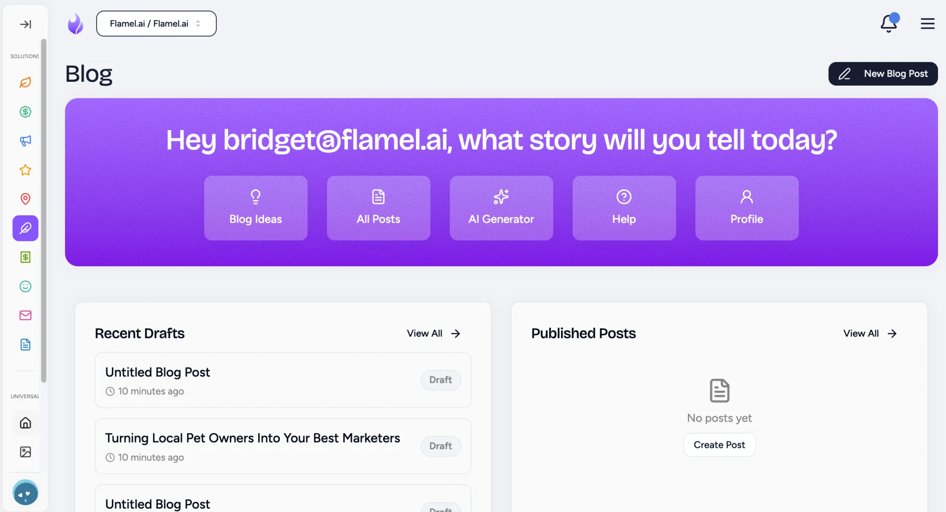 Blog home with the AI Generator button beside Blog Ideas, All Posts, Help, and Profile