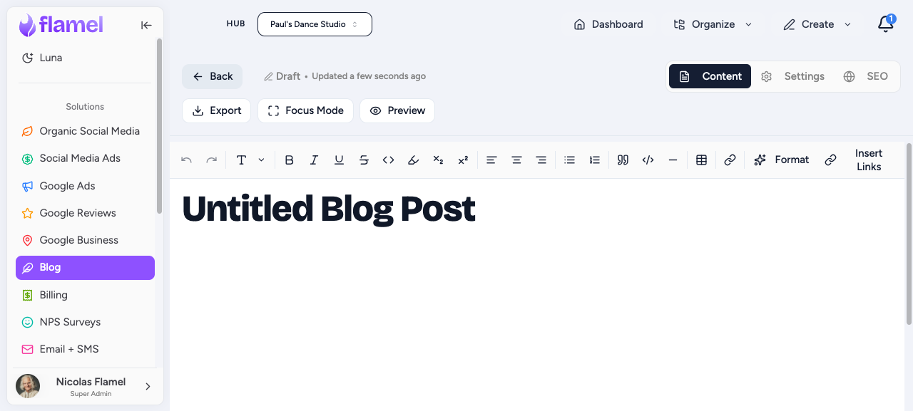 Blog post editor with toolbar and content area