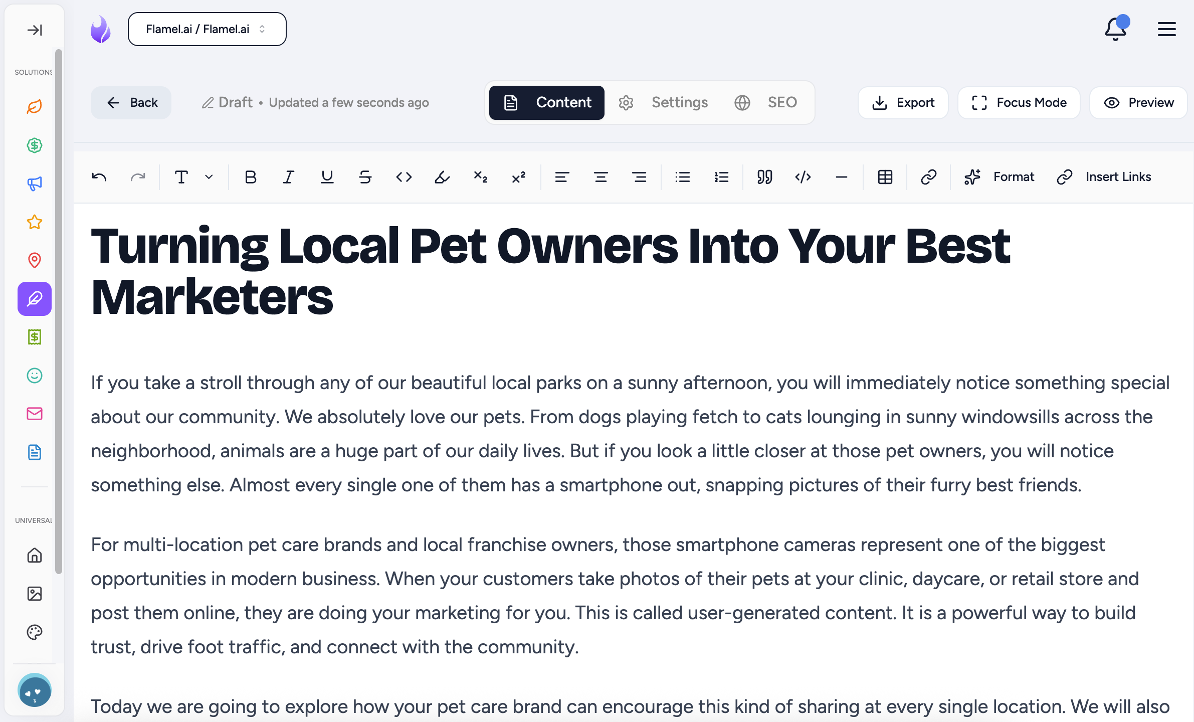 Blog post editor with toolbar and content area