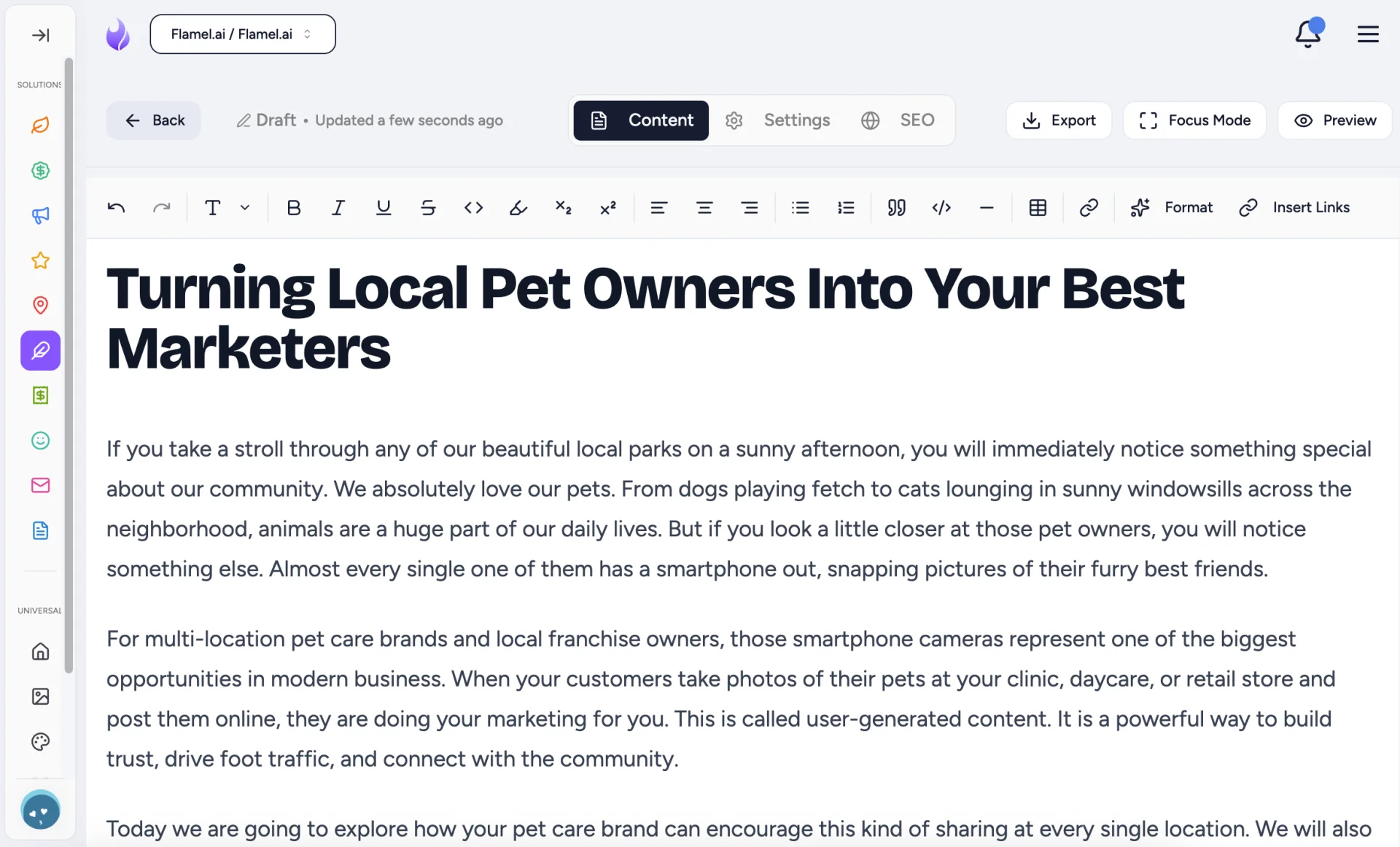 Blog post editor with toolbar and content area