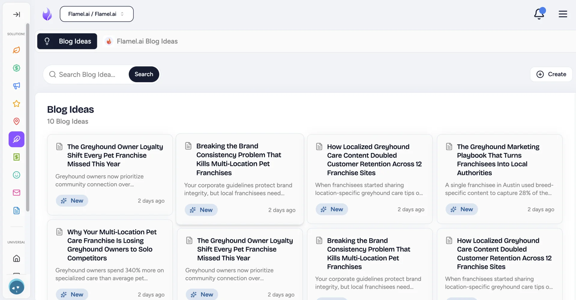 Blog Ideas page showing saved idea cards with titles, previews and New status badges