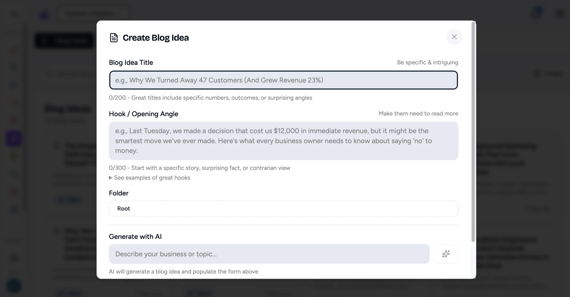 Create Blog Idea form with title, hook, folder and Generate with AI fields