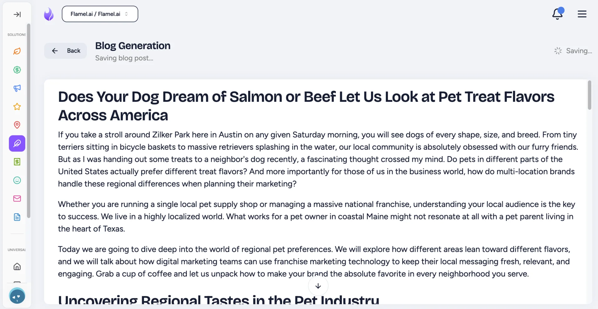 Blog Generation page showing an AI-written post title and body while saving