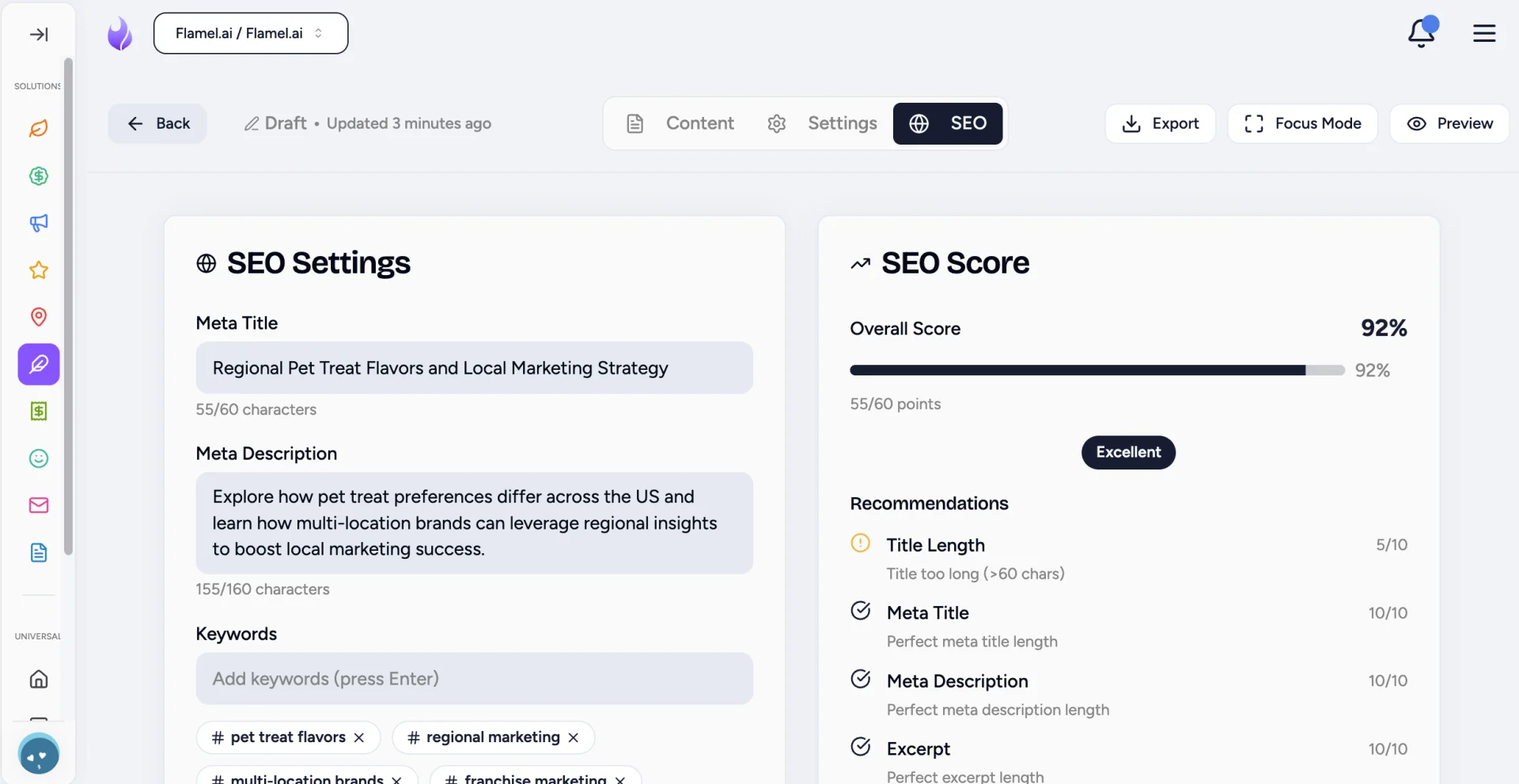 Blog post SEO tab with meta title, meta description, keywords and SEO score