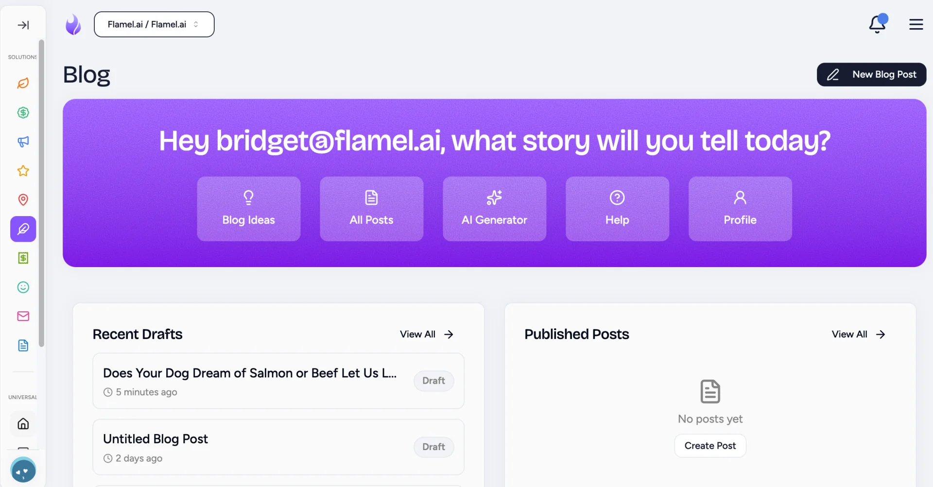 Blog home with the purple panel showing Blog Ideas, All Posts and AI Generator