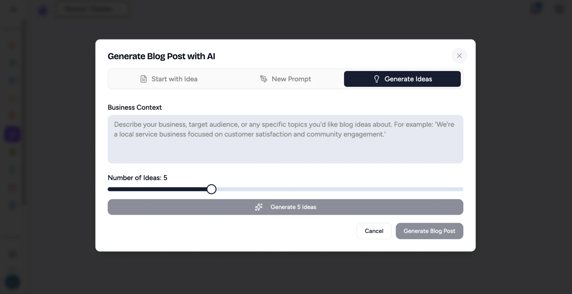 Generate Blog Post with AI window on the Generate Ideas tab with business context and idea count