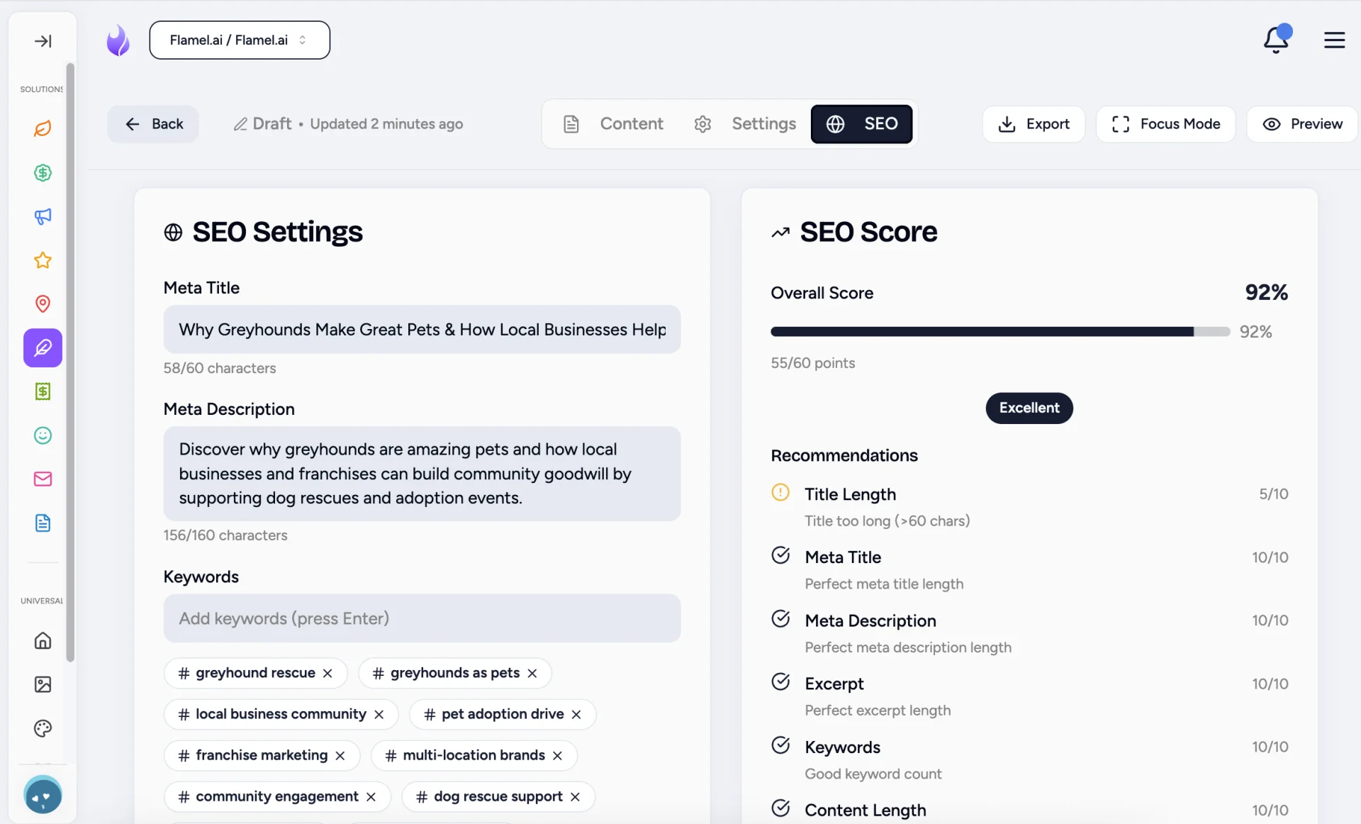 Blog Editor SEO tab with Meta Title, Meta Description, Keywords and an SEO Score panel