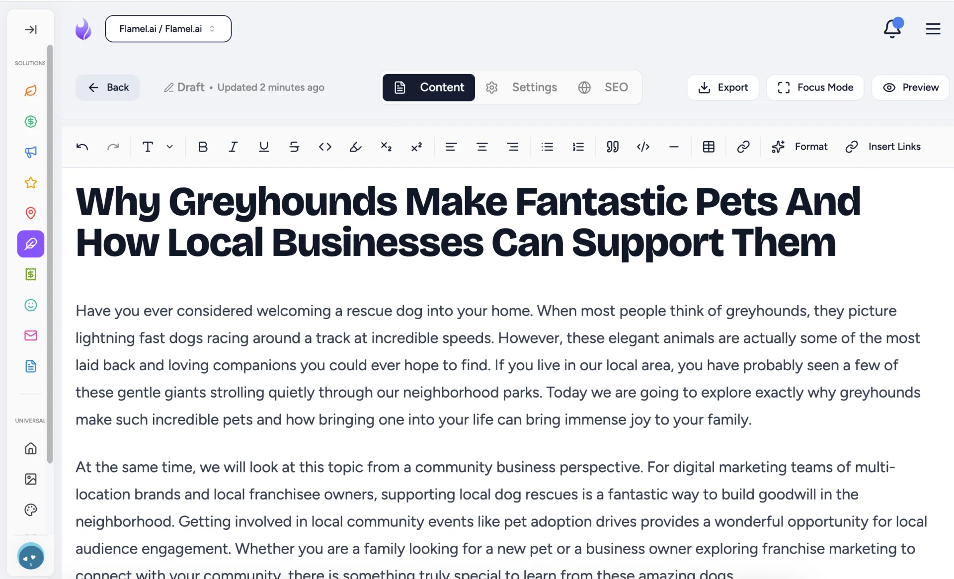 Blog Editor Content tab with the formatting toolbar and a draft post