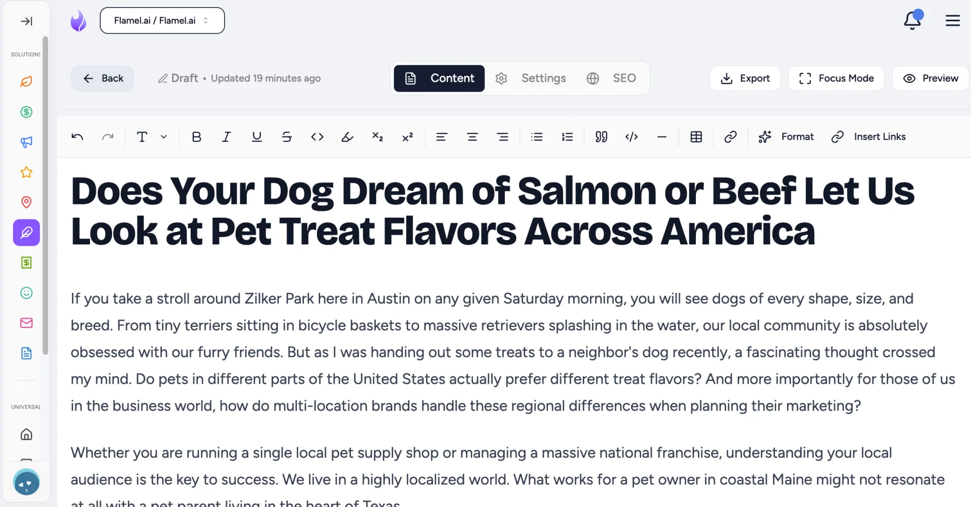 The Blog Editor open on a draft post, with the Content, Settings and SEO tabs at the top of the editor