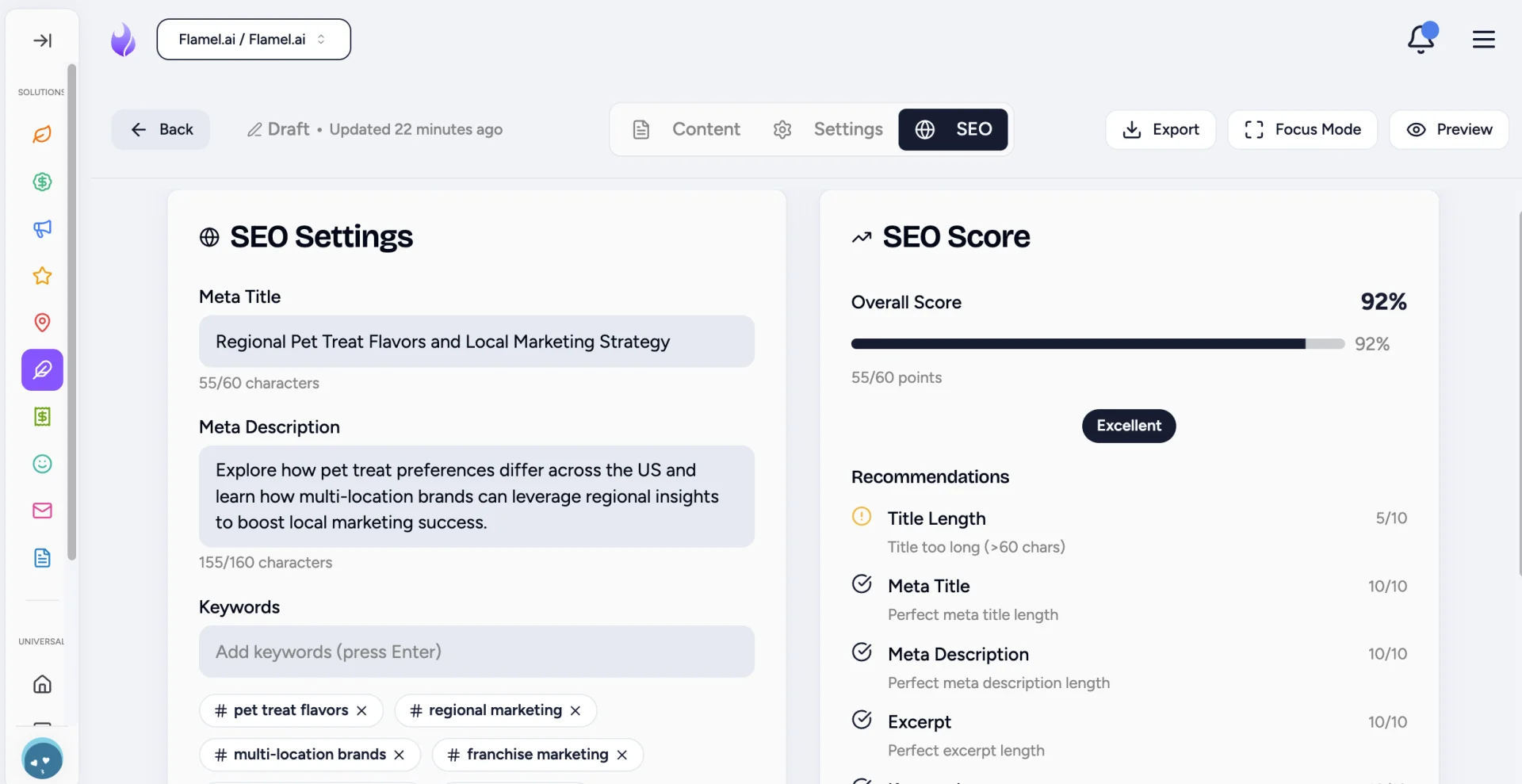 SEO tab of the Blog Editor with SEO Settings fields and the SEO Score panel